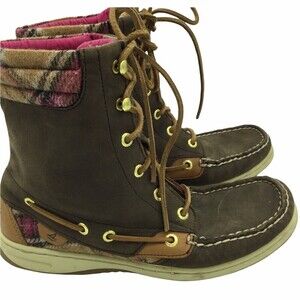 Sperry Hikerfish Top Sider Brown Leather Pink Plaid Lace Up Boots Shoes Size 7.5